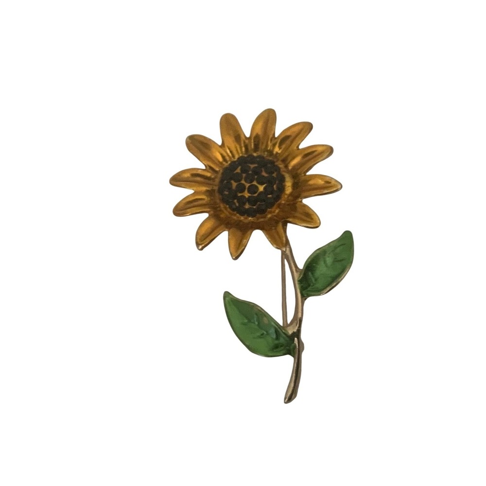 Gold Tone Sunflower Brooch Green Enamel Leaves Rhinestone Center Floral Pin